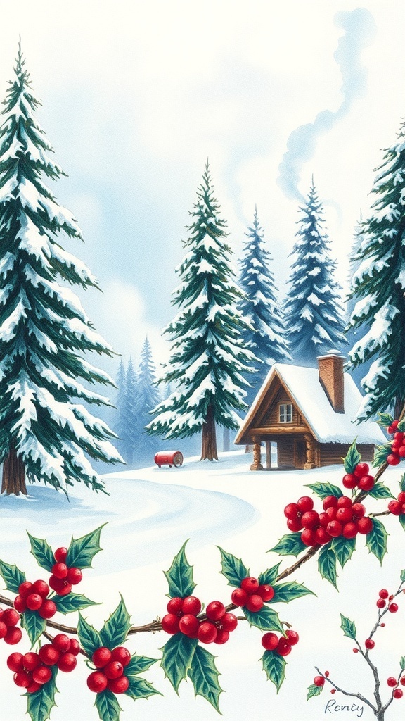 A winter landscape drawing with snow-covered pine trees, a cabin, and holly berries.